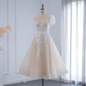 Vintage Lace Floral Short Evening Dresses for Women Wedding Party Ankle Length Midi Formal Prom Dress
