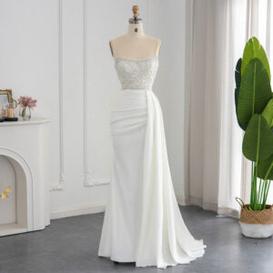 White Spaghetti Straps Mermaid Evening Dress for Women Wedding Party Luxury Beaded Overskirt Formal Prom Gowns