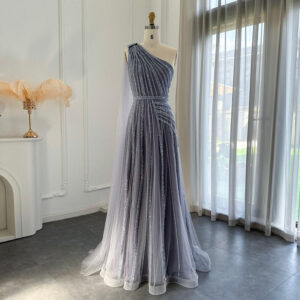 One Shoulder Luxury Evening Dress with Cape Side Slit Formal Prom Gowns for Wedding Party
