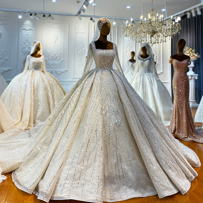 Latest Design Sparkling Pearl Lace Bridal Wedding Dress White Princess