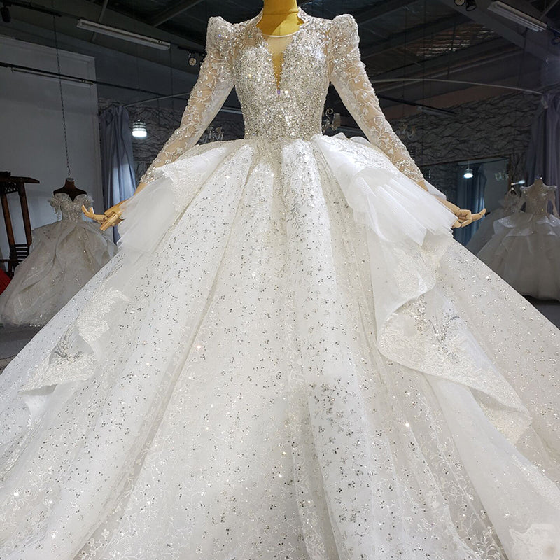 Latest Wedding Dress Design V Neck Lace Feather Sequin Beaded Ladies Bridal Wedding Dress