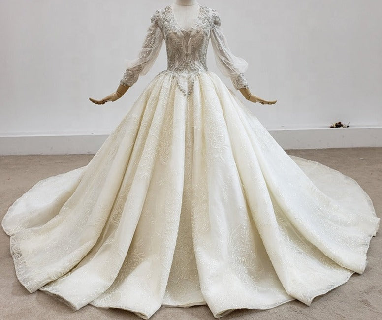 Heavy Beading Lace Long Sleeve Applique Wedding Gown Dress - Image 3